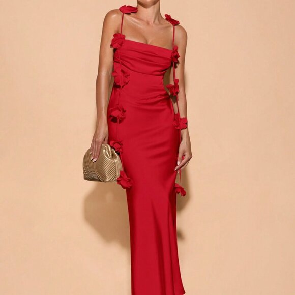 Red Elegant Womens Floral Backless Spaghetti Strap Draped Neck maxi Dress - Picture 4 of 5